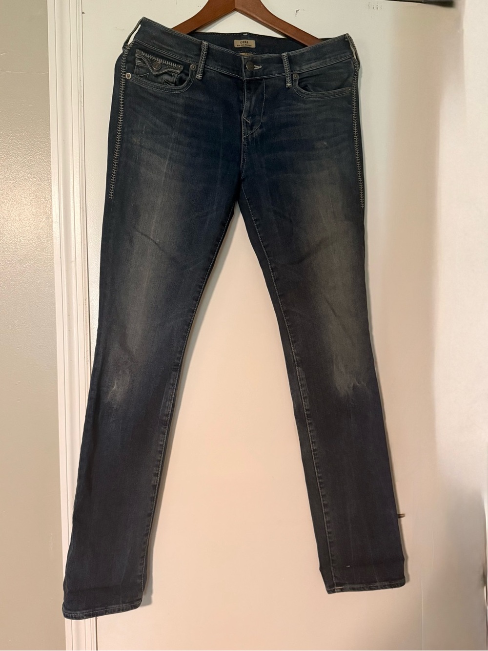 True Religion Blue Denim Jeans with Black Leather Patch